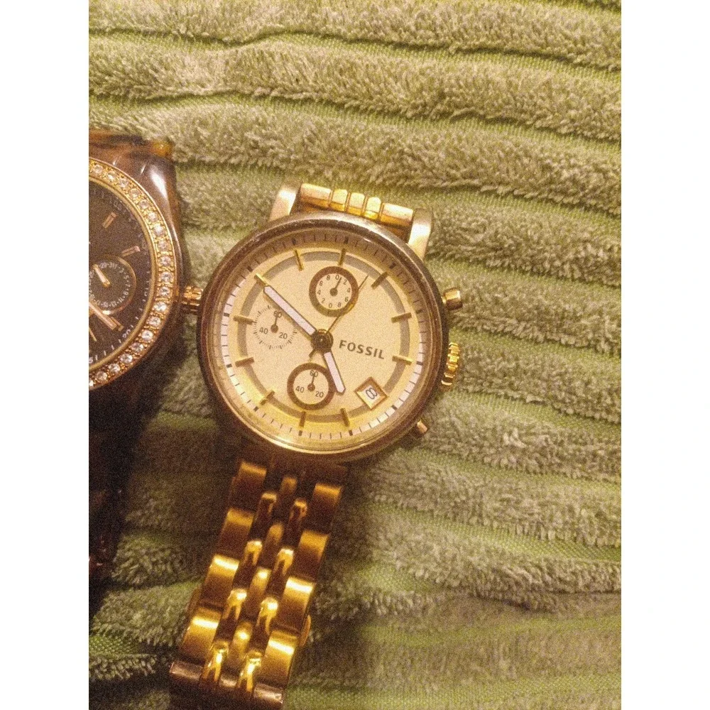 Lot of 2 Women's Fossil Watches Gold Chronograph ES2197 & Tortoise Shell ES2795